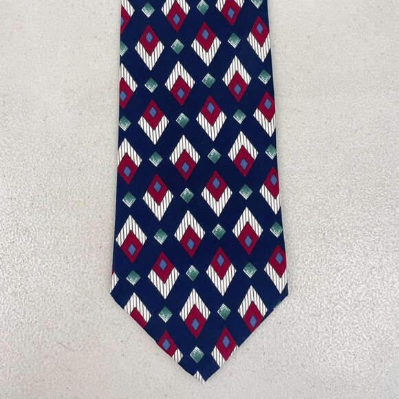 Vintage Italian Silk Geometric Tie 1970s Diamond Print Necktie Blue/Red/Green - Picture 1 of 3